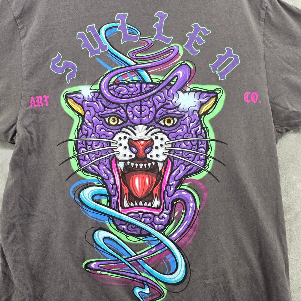 Sullen Mens Medium T-Shirt Gray Purple Anti Panther Neon Graphic Tattoo Art Tee - Picture 7 of 8